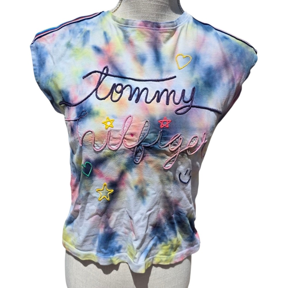Tommy Hilfiger Tie Dye Crop Top Embroidered Hearts Stars Y2K Girl Size M